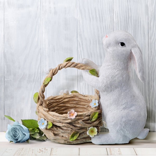 3r studios brown resin rabbit with basket statue
